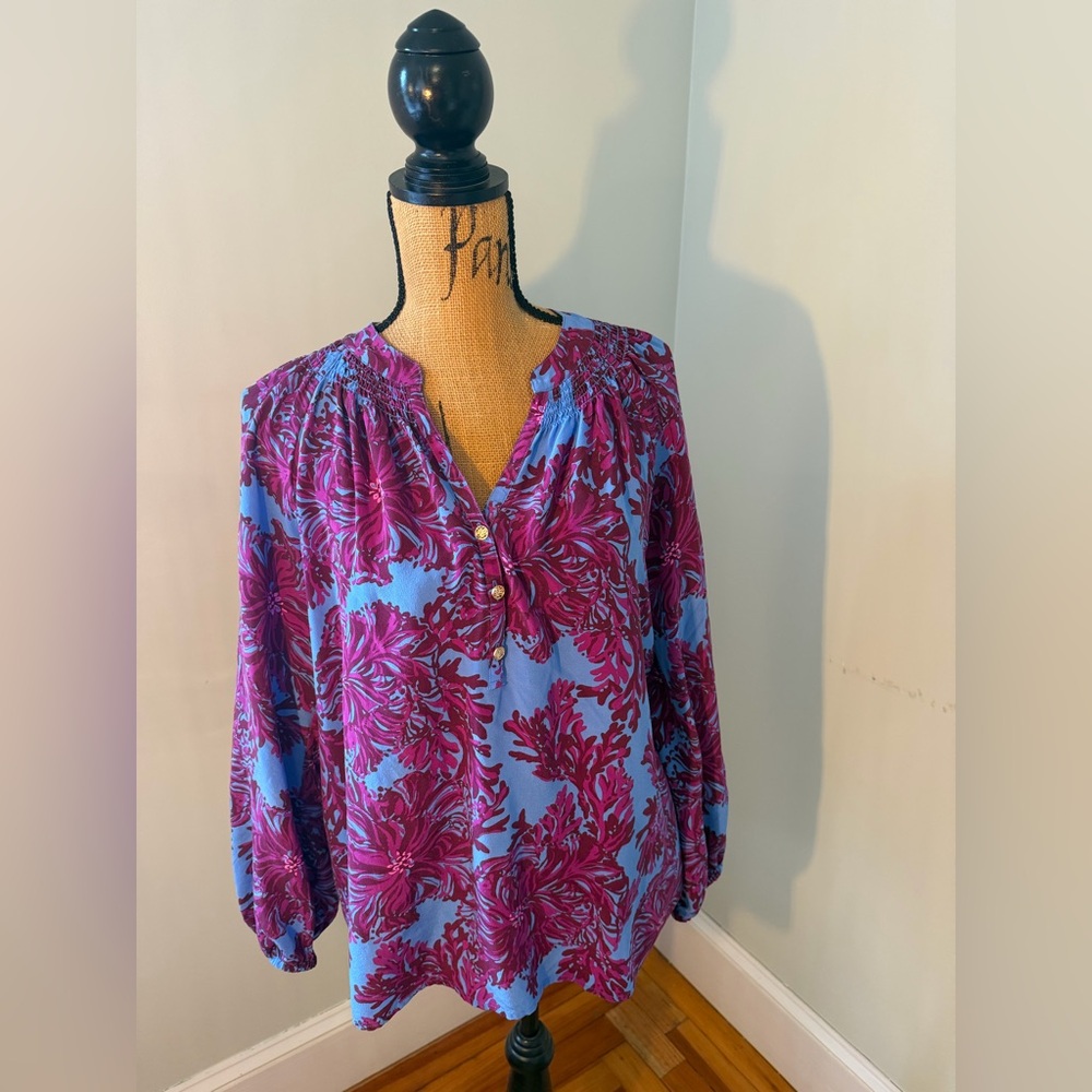 Lilly Pulitzer Elsa Silk Floral Blue and Burgundy Women's Top